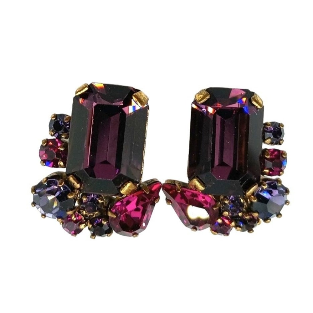 Vintage Austria Rhinestone Earrings Purple Fuchsia Pink Signed Jewelry‎